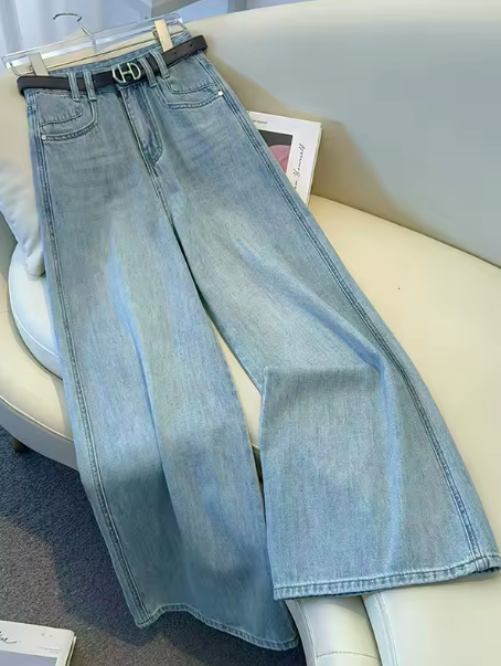 Loose Wide Leg Denim Jeans Women's Summer Thin Drapey Straight High Waist Slimming Floor-Length Pants Vintage High Waist Zipper