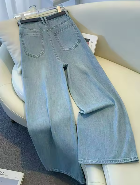 Loose Wide Leg Denim Jeans Women's Summer Thin Drapey Straight High Waist Slimming Floor-Length Pants Vintage High Waist Zipper