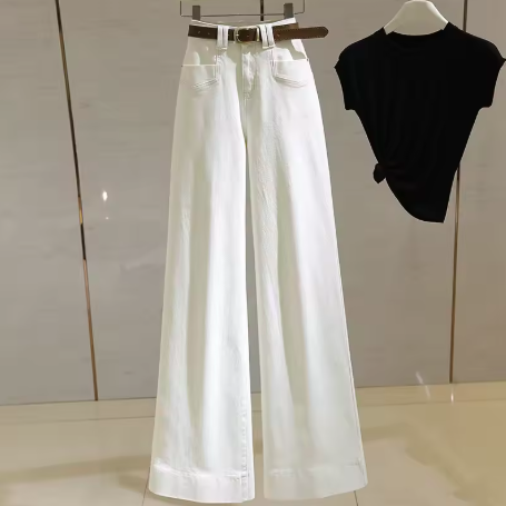 Loose Wide Leg Denim Jeans Women's Summer Thin Drapey Straight High Waist Slimming Floor-Length Pants Vintage High Waist Zipper