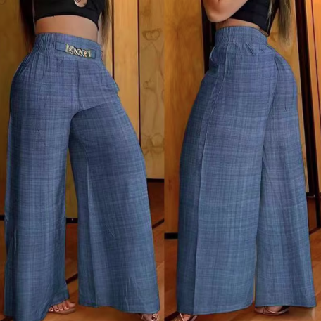 High Waist Solid Color Wide Leg Pants Summer Chic Loose Elegant Metal Flared Pant Office Ladies Straight Holiday Women Trousers
