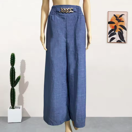 High Waist Solid Color Wide Leg Pants Summer Chic Loose Elegant Metal Flared Pant Office Ladies Straight Holiday Women Trousers