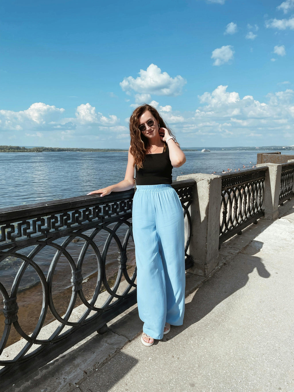 High Waist Solid Color Wide Leg Pants Summer Chic Loose Elegant Metal Flared Pant Office Ladies Straight Holiday Women Trousers