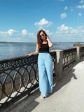 High Waist Solid Color Wide Leg Pants Summer Chic Loose Elegant Metal Flared Pant Office Ladies Straight Holiday Women Trousers